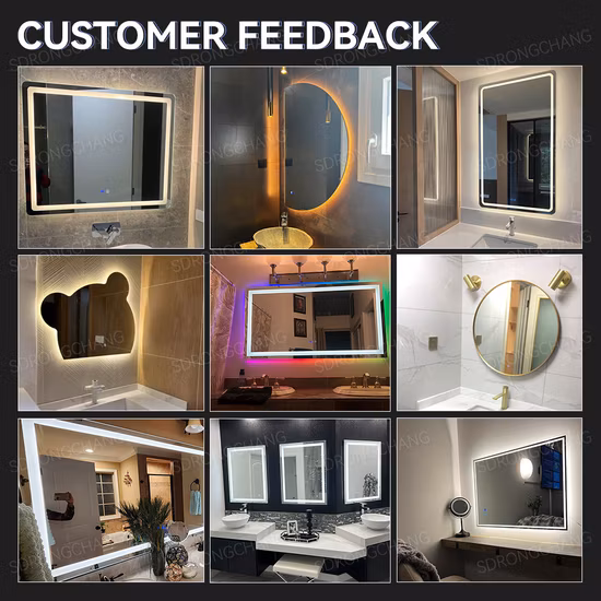 Espelho retangular de tamanho personalizado de fábrica para salão de beleza, espelho de vaidade para banheiro, luz montada na parede, espelho de LED para banho inteligente por atacado